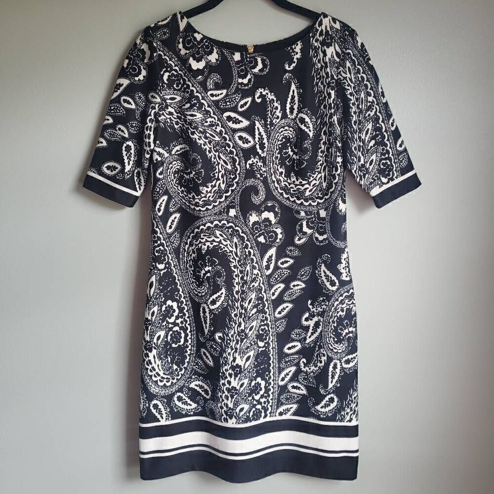 Eliza J Women’s Size 4 Black White Short Sleeve Lined Sheath Midi Dress